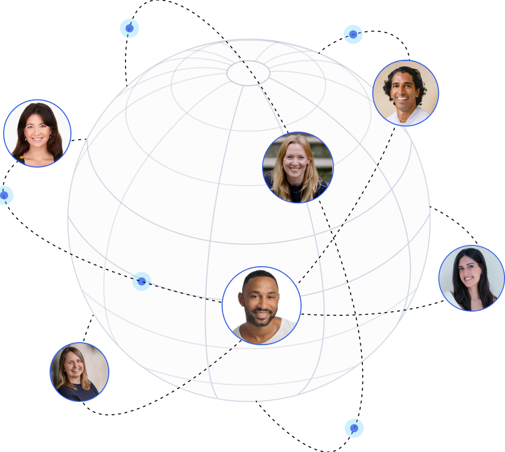 Illustration of a globe with dashed orbit lines linking small nodes to six smiling circular portraits, symbolizing a global community network.